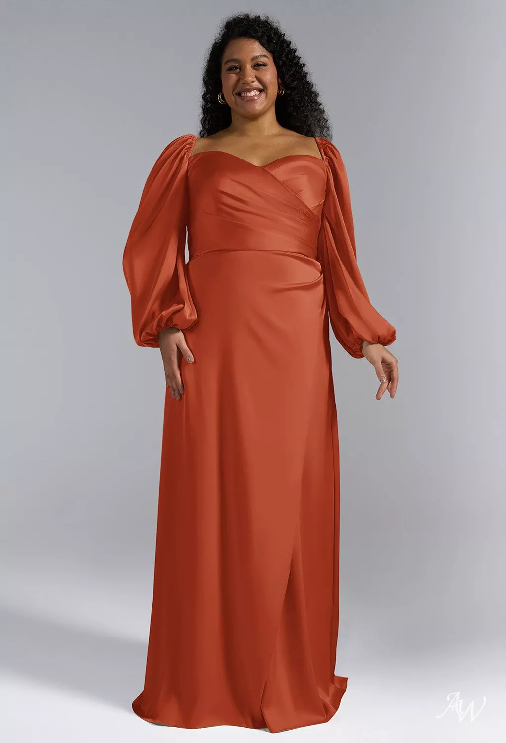 AW.Bridal A-line Sweetheart Neckline Floor Length Long Sleeves Satin Long Bridesmaid Dresses Dress Tangerine Size 6