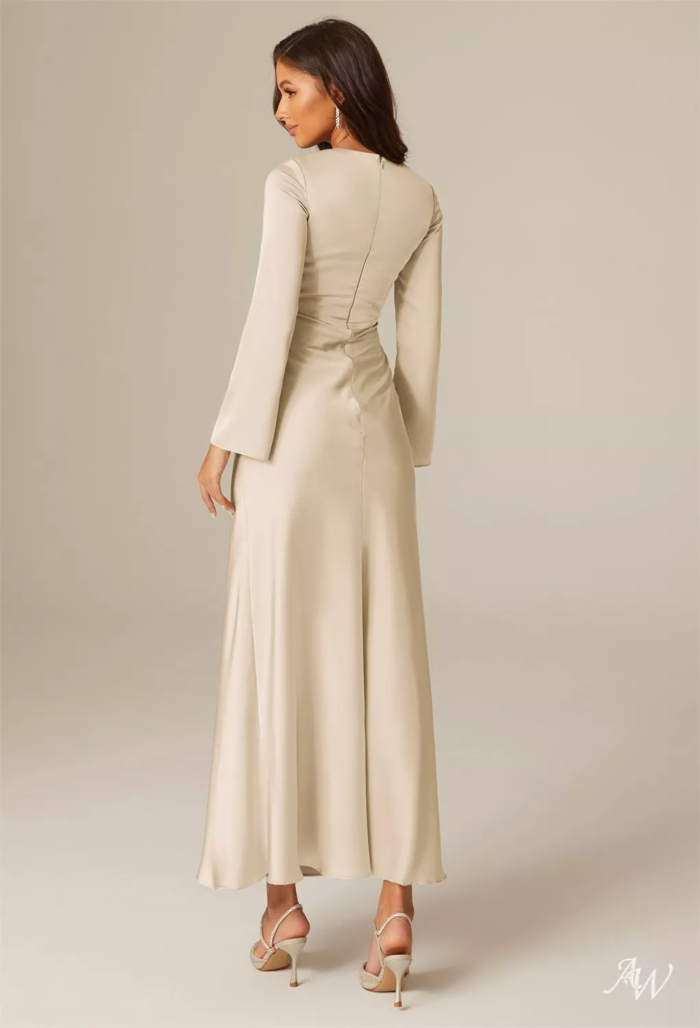 champagne ankle length dress Champagne Formal Dresses With Sleeves Short Sleeves Trumpet/Mermaid Zipper Split Long Stretch Satin Formal Dresses