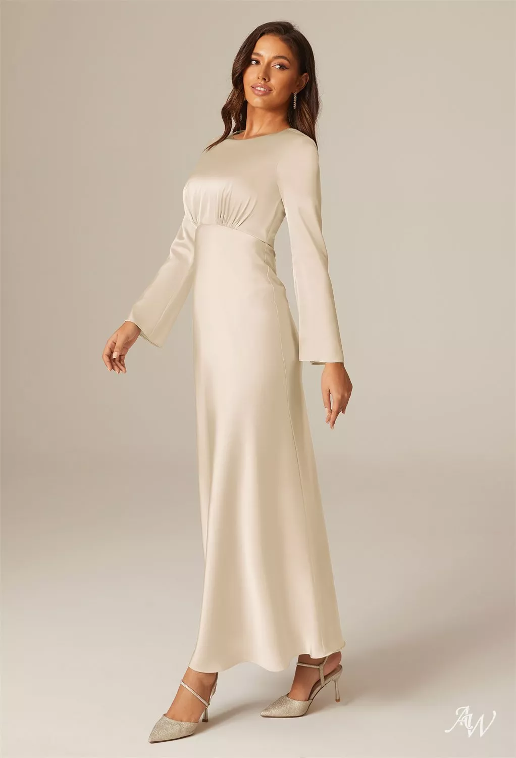 AW.Bridal A-line Bateau Neckline Ankle Length Long Sleeves Satin Plus Size Dresses Dress Champagne Plus Size 18