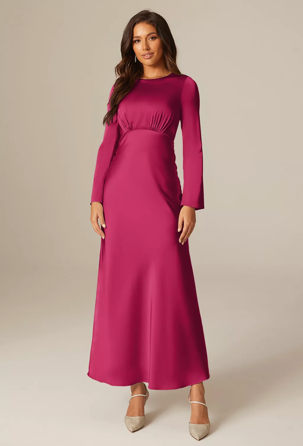 fitted lace wedding dress Vintage Women Burgundy Bridesmaid Dress with Long Sleeves for Wedding –  Siaoryne main image 0