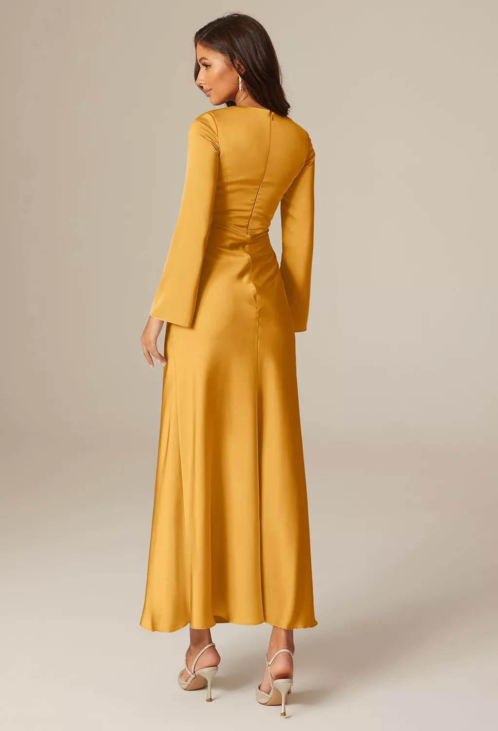 yellow long sleeve bridesmaid dresses Mraelune Sweetheart Long Sleeves Ruffles Long Chiffon Bridesmaid Dresses, Mustard