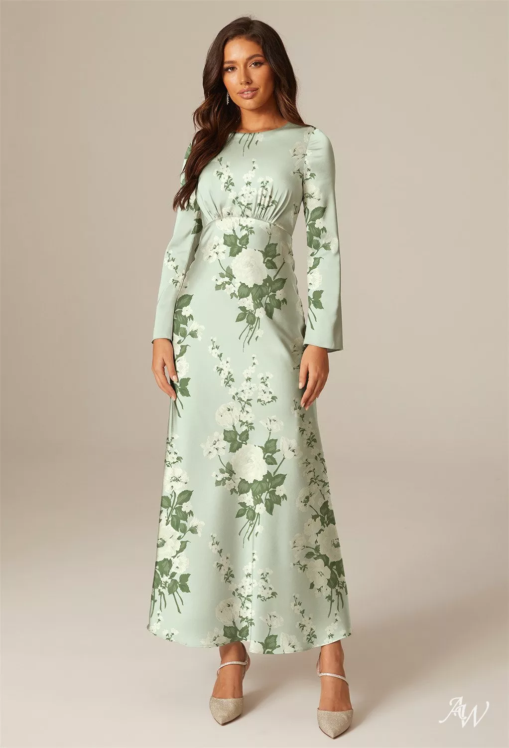 moss green satin dress Show Me Your Mumu Lisa Maxi in Sage Style with strappy heels and dainty gold jewelry for your next event. KissProm Spaghetti Strap Ruched Sheath