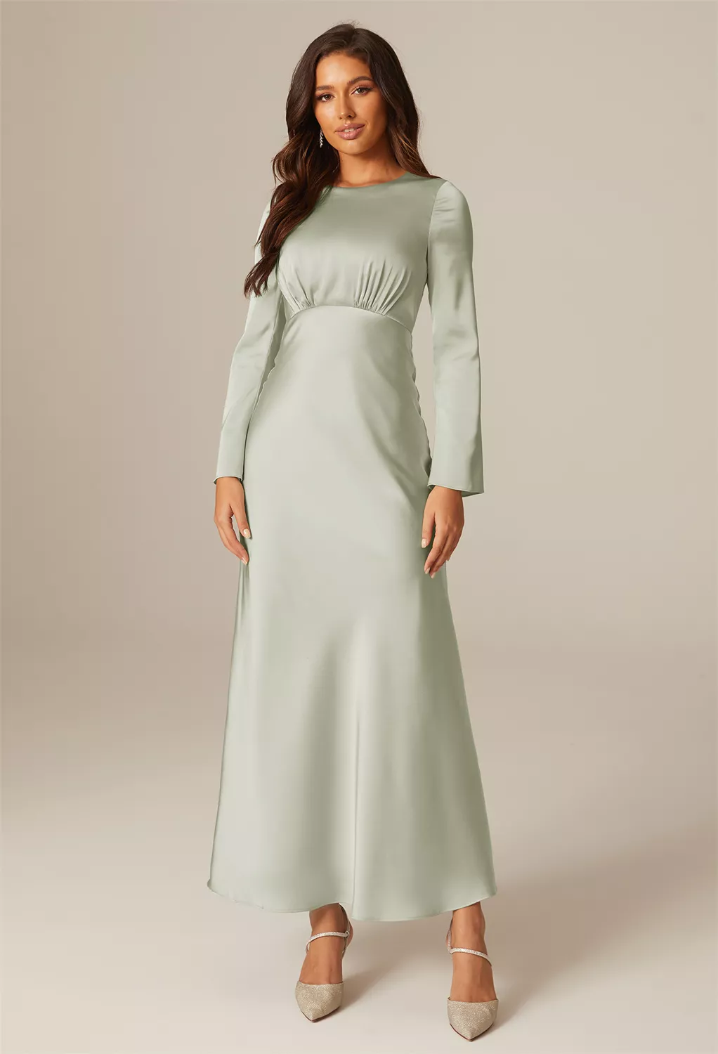 chinese dress ladies Zapaka Women Sage Bridesmaid Dress A Line Round Neck Long Sleeve Satin Long Dress, Sage / US4 main image 0