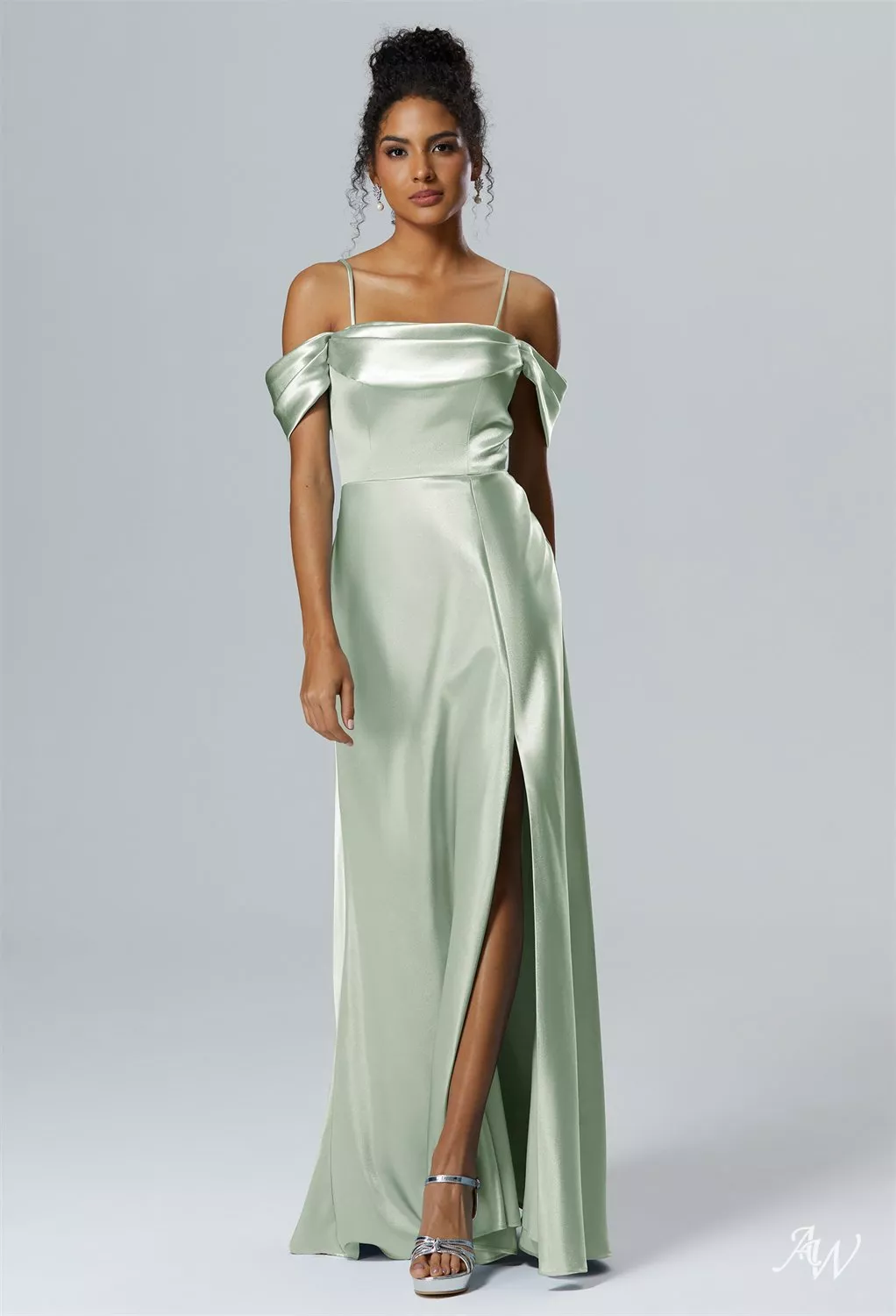 sage green bridesmaid dresses satin under $60 Champagne V-Neck Dress A-Line Floor-Length Line silhouette AW Laurinda Convertibile Dress, Champagne
