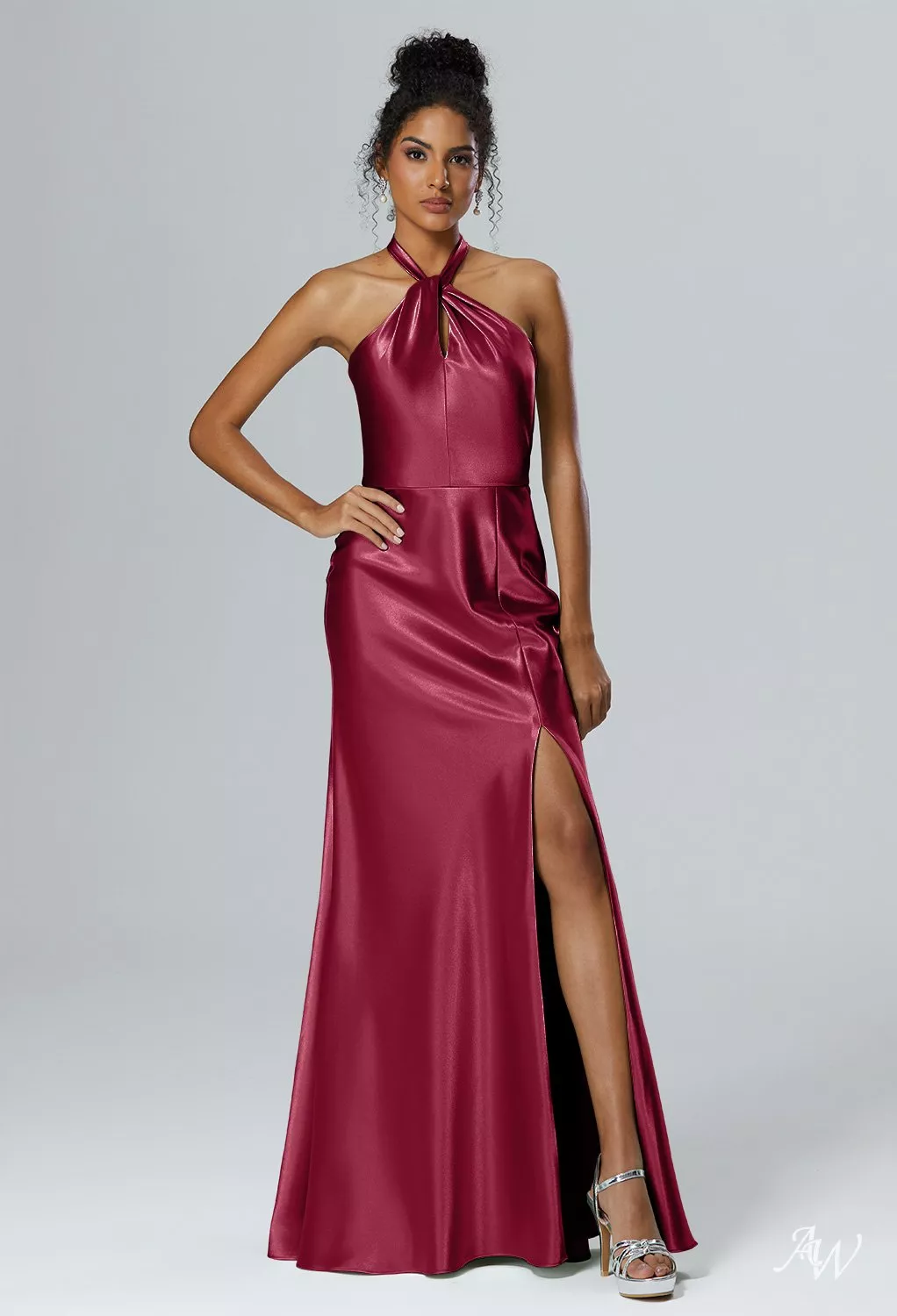 AW.Bridal Mermaid V-Neck Floor Length Sleeveless Crystal Satin Split Long Bridesmaid Dresses Dress Deep Claret Plus Size 18
