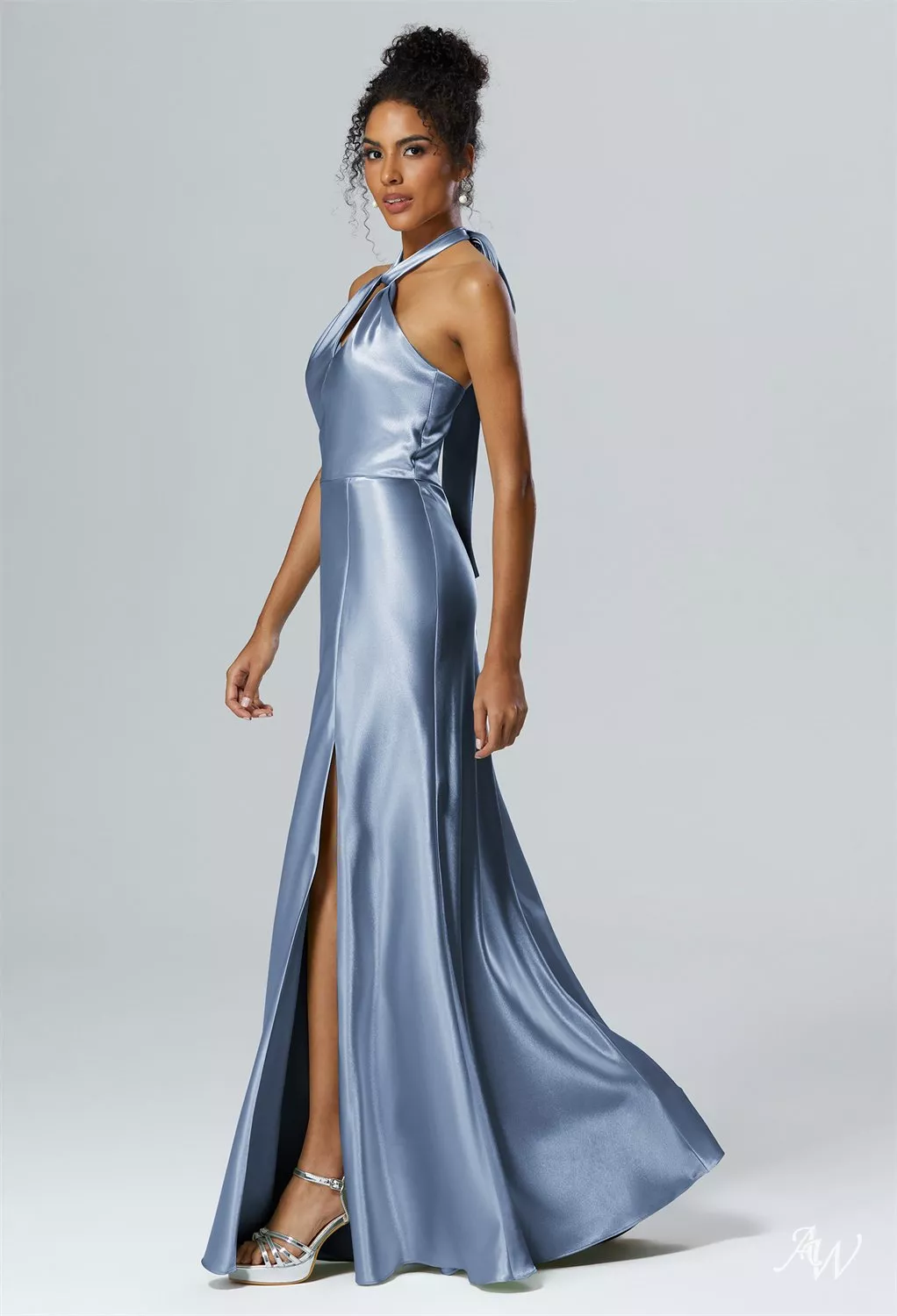 AW.Bridal Mermaid V-Neck Floor Length Sleeveless Crystal Satin Split Long Bridesmaid Dresses Dress Dusty Blue Plus Size 16