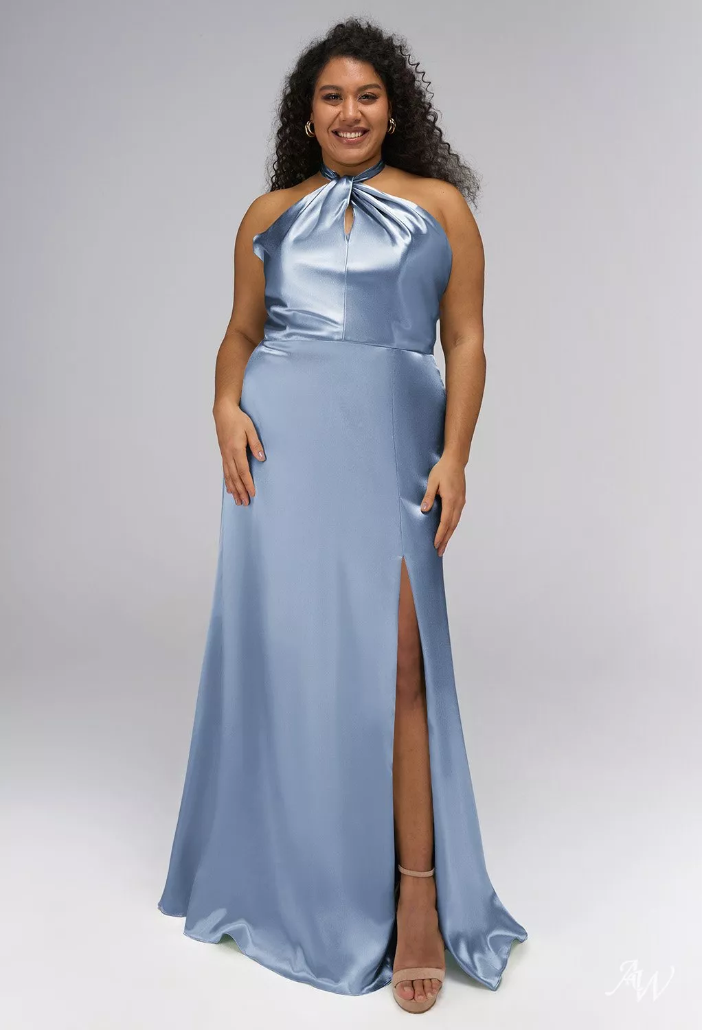 AW.Bridal Mermaid V-Neck Floor Length Sleeveless Crystal Satin Split Long Bridesmaid Dresses Dress Dusty Blue Plus Size 16