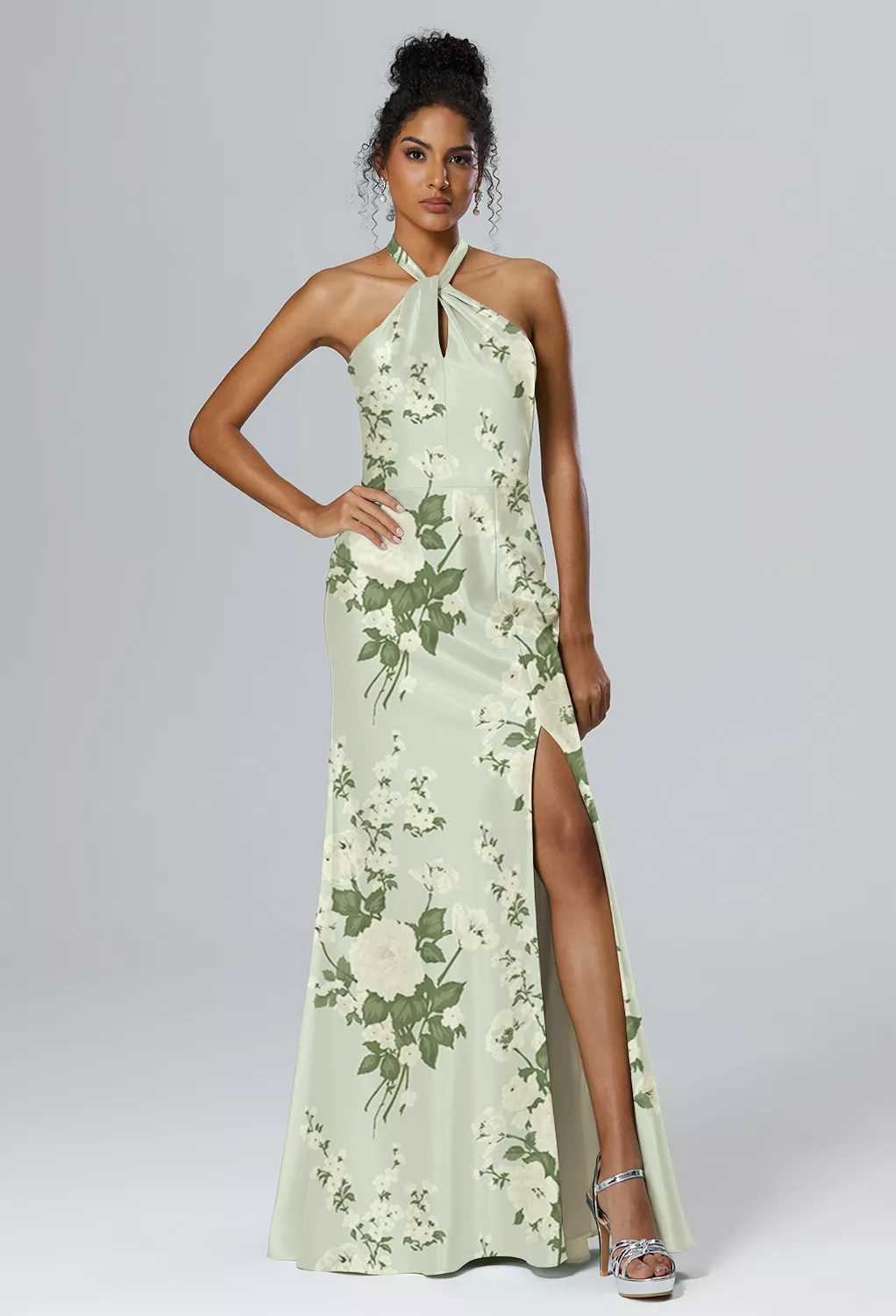 moss green floral bridesmaid dresses Wedtrend Women Green Large Floral Wedding Guest Dress Sheath Halter Backless Long Bridesmaid Dress with Ruffles, Green Large Floral / US24W