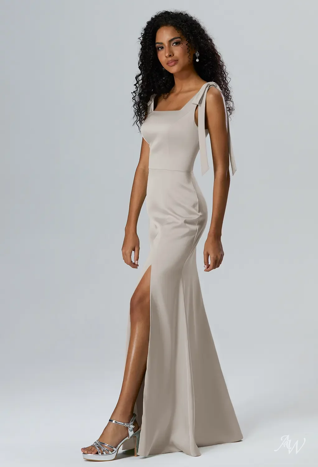 mushroom taupe bridesmaid dresses AW.Bridal Mermaid Square Neckline Floor Length Sleeveless Satin Bow/Bowknot Bows Split Wedding Guest Dress Size 16 Maxi dress