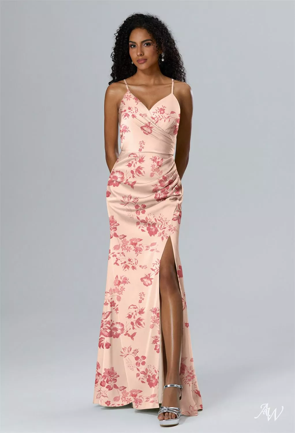 AW.Bridal Mermaid V-Neck Sleeveless Spaghetti Straps Satin Ruching Split Floral Bridesmaid Dresses Floral Dress Pink Cherry Blossom Size 16
