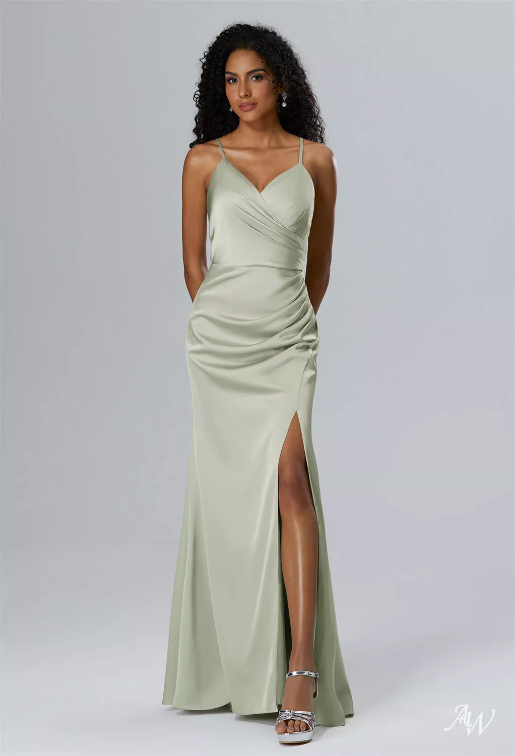 AW.Bridal Mermaid V-Neck Floor Length Sleeveless Spaghetti Straps Satin Ruching Split Long Bridesmaid Dresses Dress Sage Green Size 16