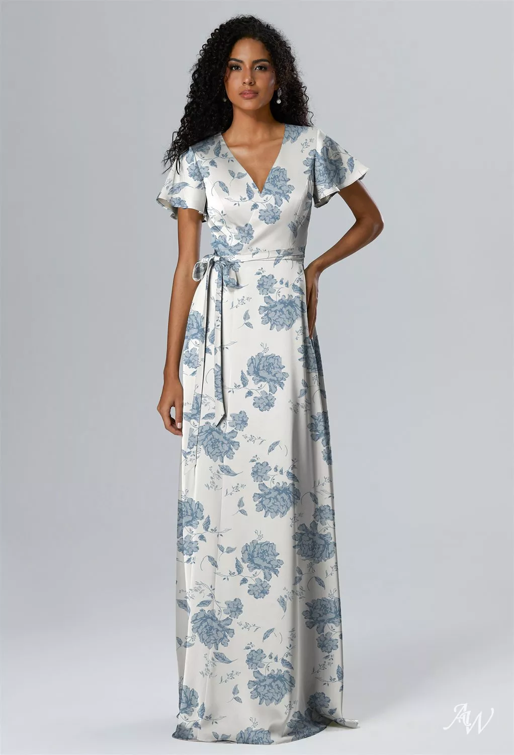 dusty blue pattern bridesmaid dress AW.Bridal Mermaid Cowl Neckline Floor Length Sleeveless Satin Floral Bridesmaid Dresses Floral Dress Dusty Blue Peonies Size 16