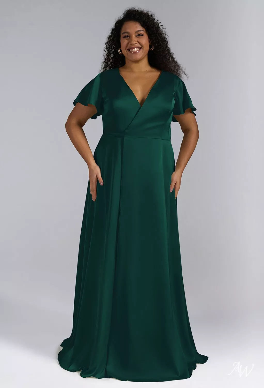 AW.Bridal A-line V-Neck Floor Length Short Sleeves Satin Plus Size Dresses Dress Hunter Green Size 6