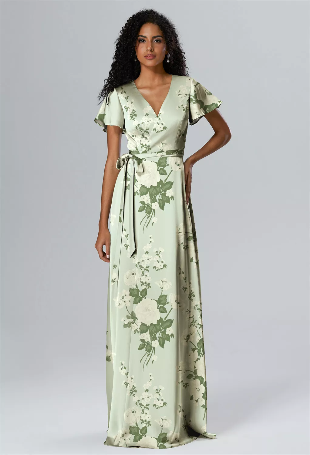 moss green floral dress Moss Floral V-Neck Short Sleeves Wedding Guest Dress with Belt, Moss / M