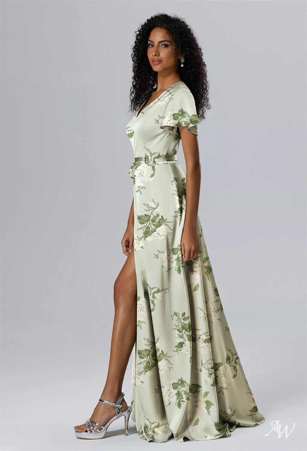 short sleeve garden party dress AW.Bridal A-line V-Neck Floor Length Short Sleeves Satin Floral Plus Size Dresses Floral Dress Sage Garden Party Size 8
