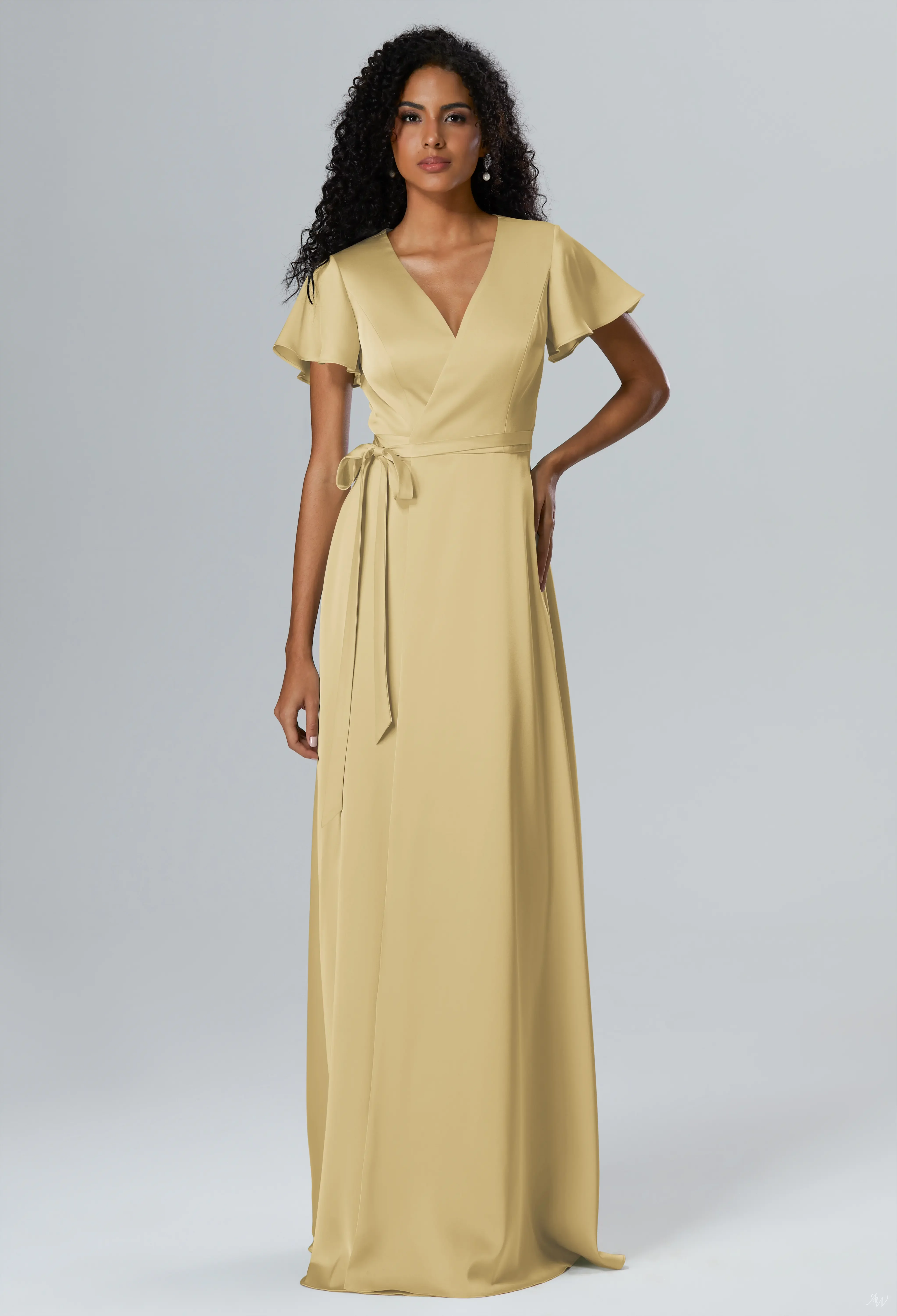 sand bridesmaid dresses AW.Bridal A-line V-Neck Floor Length Short Sleeves Satin Plus Size Dress Gold Size 4 Color:Lime
