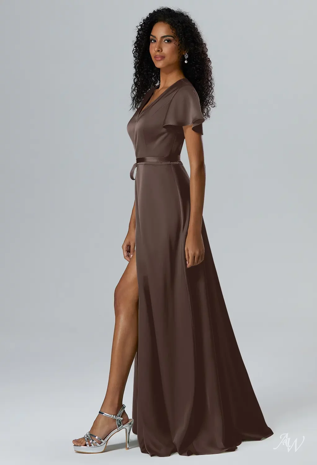 AW.Bridal A-Line V-Neck Floor Length Short Sleeves Satin Plus Size Dresses Dress Seal Brown Size 8