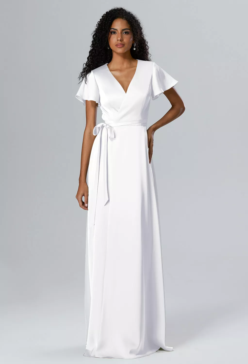 white wrap bridesmaid dress Mina Wrap a line wedding dress