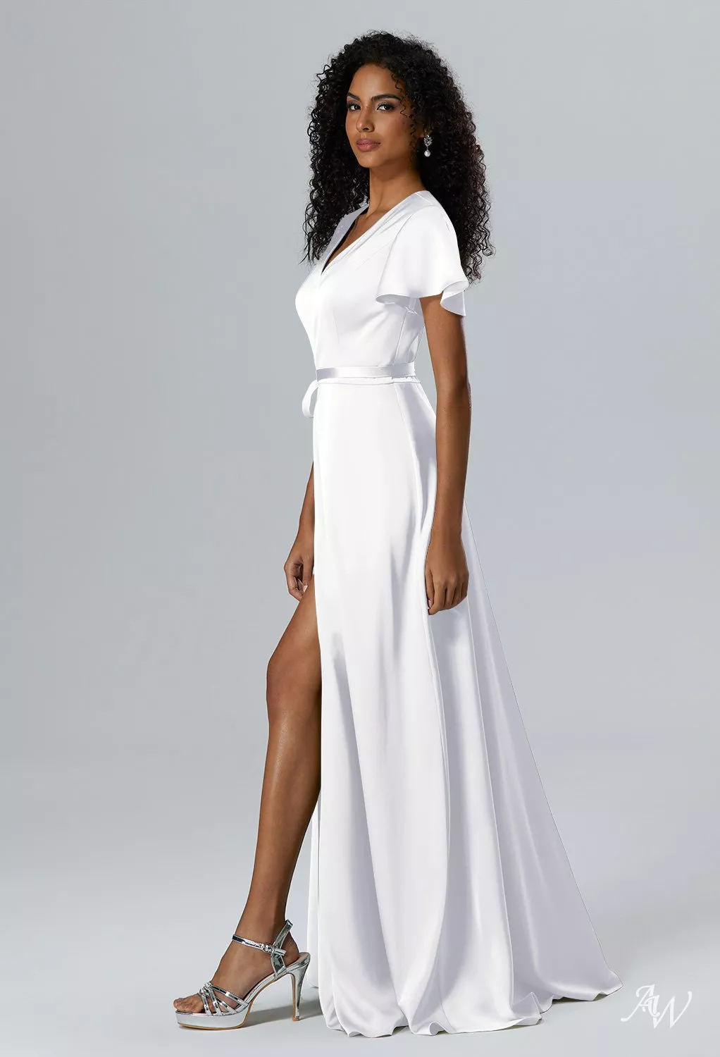 white dress bridesmaid AW.Bridal A-line V-Neck Floor Length Short Sleeves Satin Long Dresses Plus Size 18 this piece is a 20260629_25% A-line / Shift Dress Size:11-12 years
