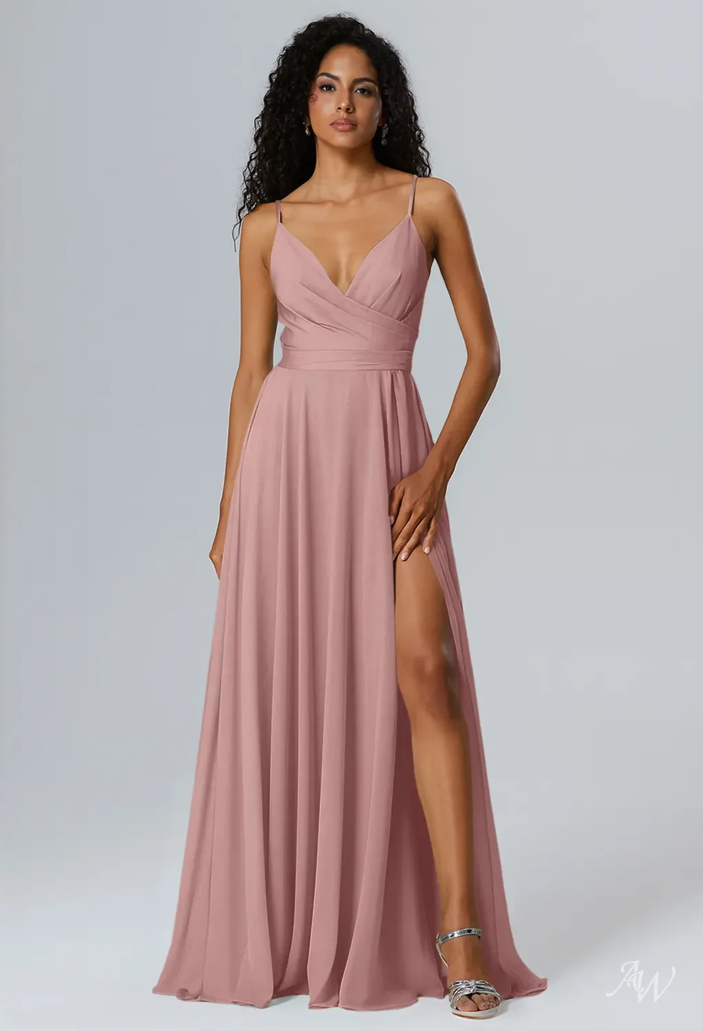AW.Bridal Bridesmaid Dresses Chiffon A-line V-Neck Floor Length Sleeveless Spaghetti Straps Ruching Split Dress Dusty Rose Size 8