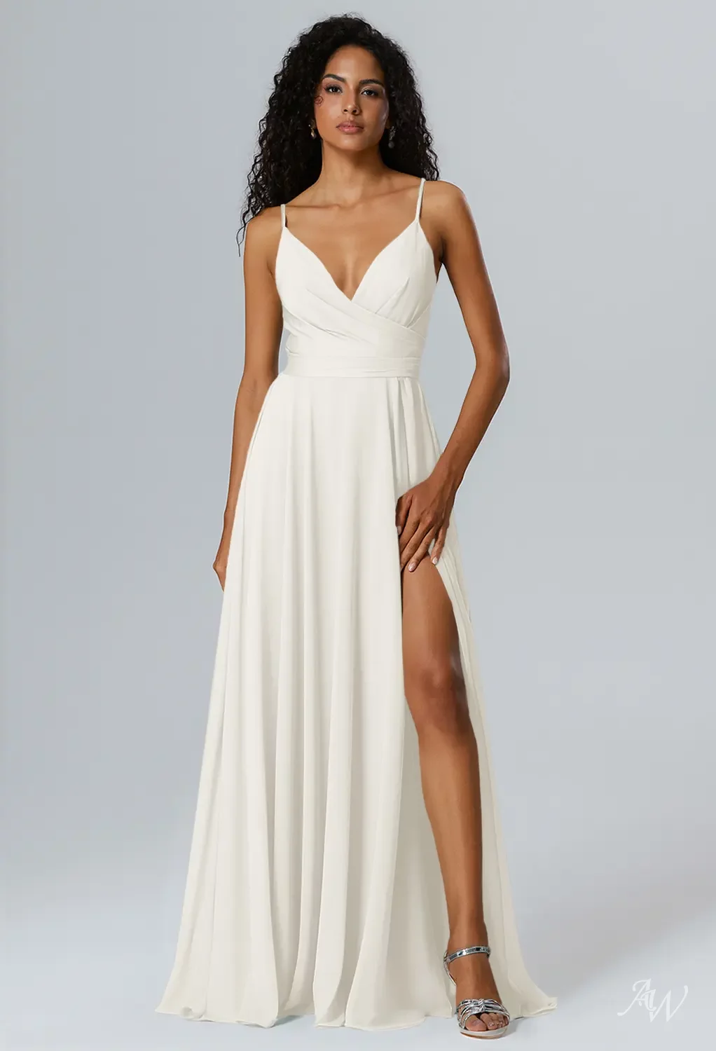 AW.Bridal Bridesmaid Dresses Chiffon A-line V-Neck Floor Length Sleeveless Spaghetti Straps Ruching Split Dress Ivory Size 6