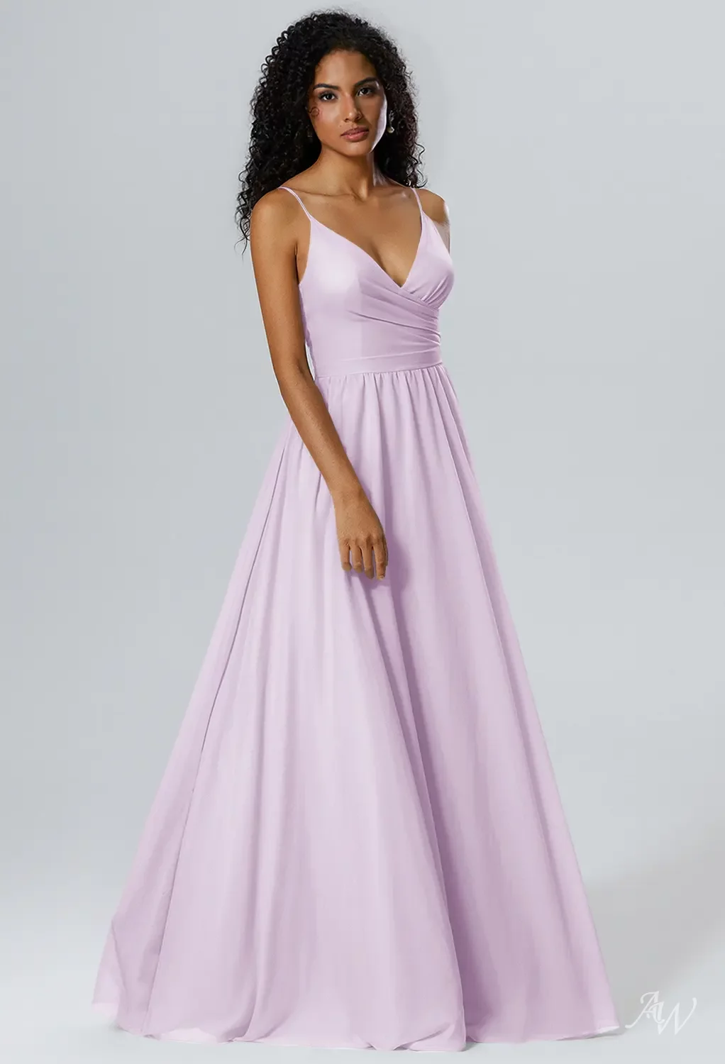AW.Bridal Bridesmaid Dresses Chiffon A-line V-Neck Floor Length Sleeveless Spaghetti Straps Ruching Split Dress Lilac Size 6
