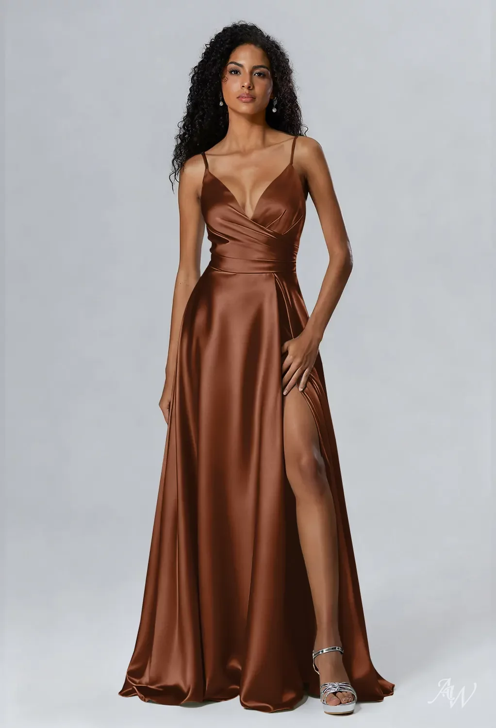 tan bridesmaid dresses long AW.Bridal Crystal Satin A-line V-Neck Floor Length Sleeveless Spaghetti Straps Ruching Split Dress Size 8 Size:44x30 long maxi backless dress Rebecca Taylor Black Formal A subtle thigh