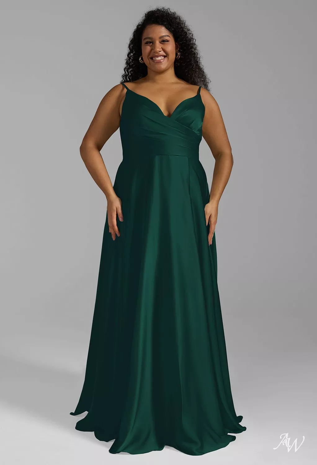 plus size hunter green bridesmaid dresses AW.Bridal A-line V-Neck Floor Length Sleeveless Spaghetti Straps Satin Ruching Split Dress Size 8 flattering skirt