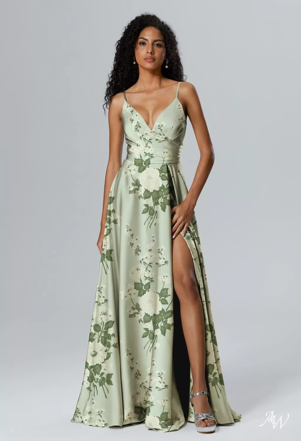 AW.Bridal A-line V-Neck Floor Length Sleeveless Spaghetti Straps Satin Ruching Split Floral Plus Size Dresses Floral Dress Mottled Moss Green Size 8