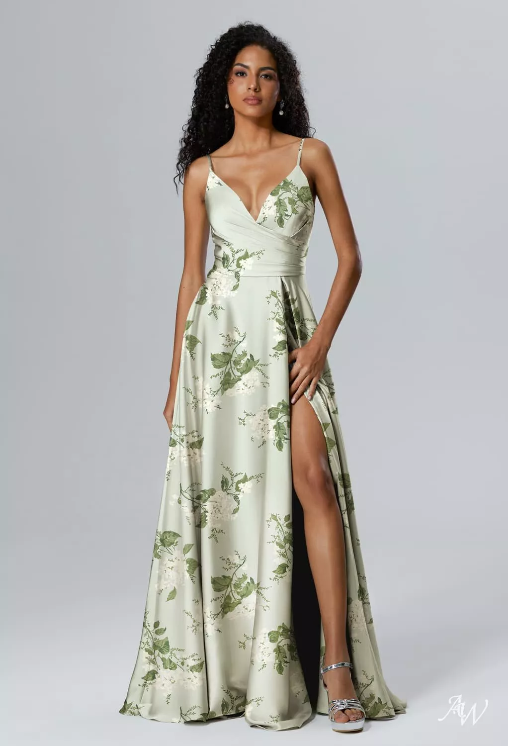 AW.Bridal A-line V-Neck Sleeveless Spaghetti Straps Satin Ruching Split Floral Bridesmaid Dresses Floral Dress Sage Garden Party Plus Size 18
