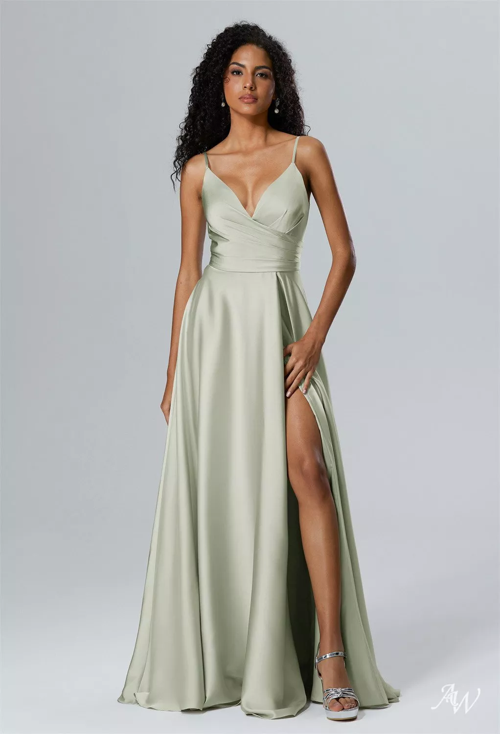 sage green ladies dresses AW.Bridal A-line V-Neck Floor Length Sleeveless Spaghetti Straps Satin Ruching Split Plus Size Dress Size 8 sage green dress for wedding guest