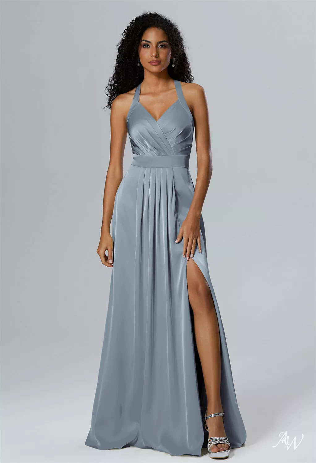 blue and gray bridesmaid dresses AW.Bridal A-line Halter Neckline Floor Length Sleeveless Satin Ruching Split Long Dress Dusty Size 6 WIBACKER Toddler Girl Unicorn fw2024 Satin Charmeuse color:Brown