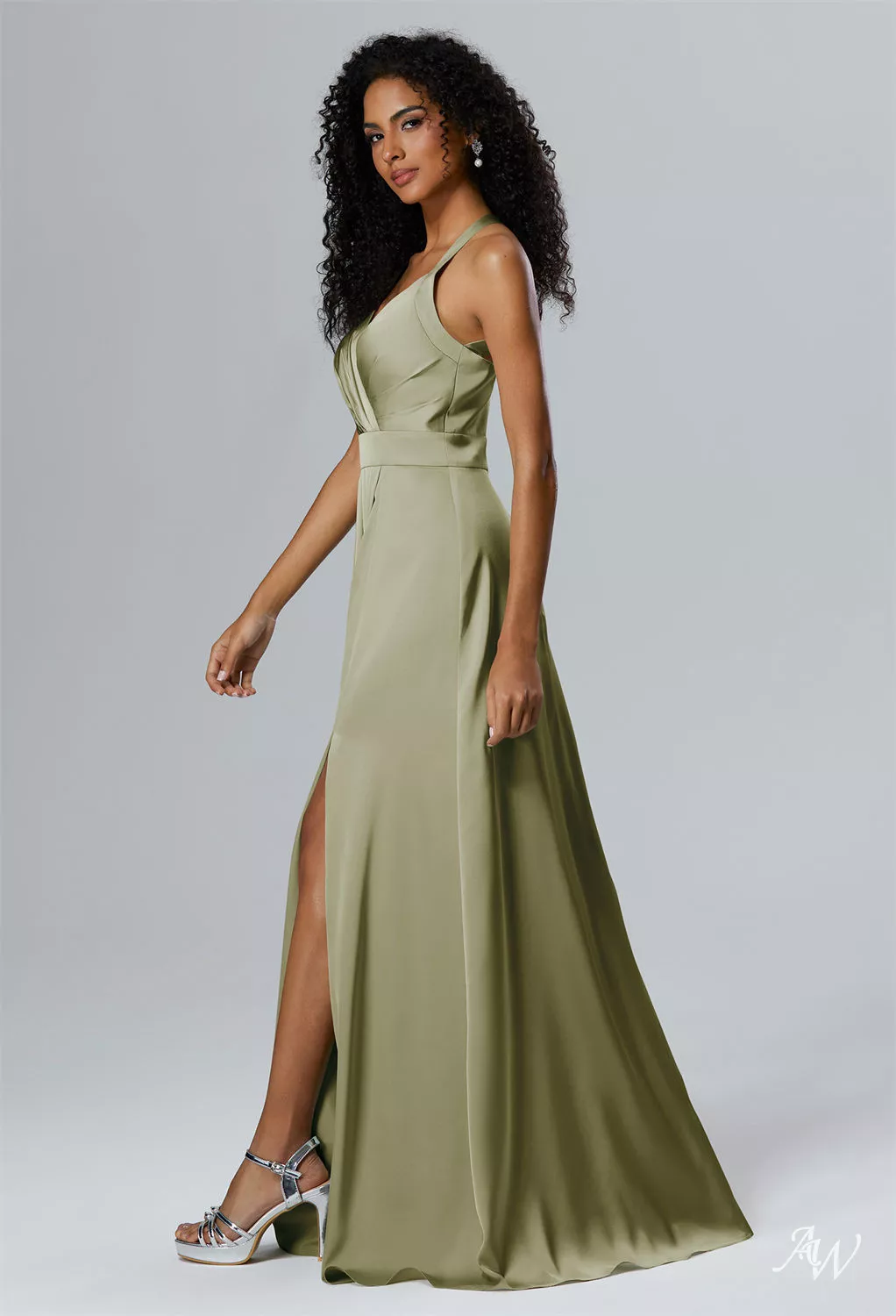 AW Theresa Dress, Dusty Blue Crystal Satin Satin Charmeuse Stretch Satin  Floor Length Halter Neckline Bridesmaid Dresses | AW.Bridal