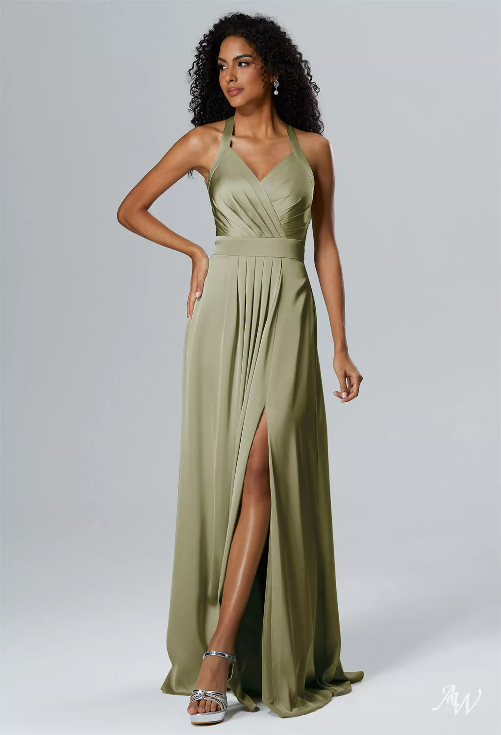 AW.Bridal A-Line Halter Neckline Floor Length Sleeveless Satin Ruching Split Long Bridesmaid Dresses Dress Fennel Seed Size 16