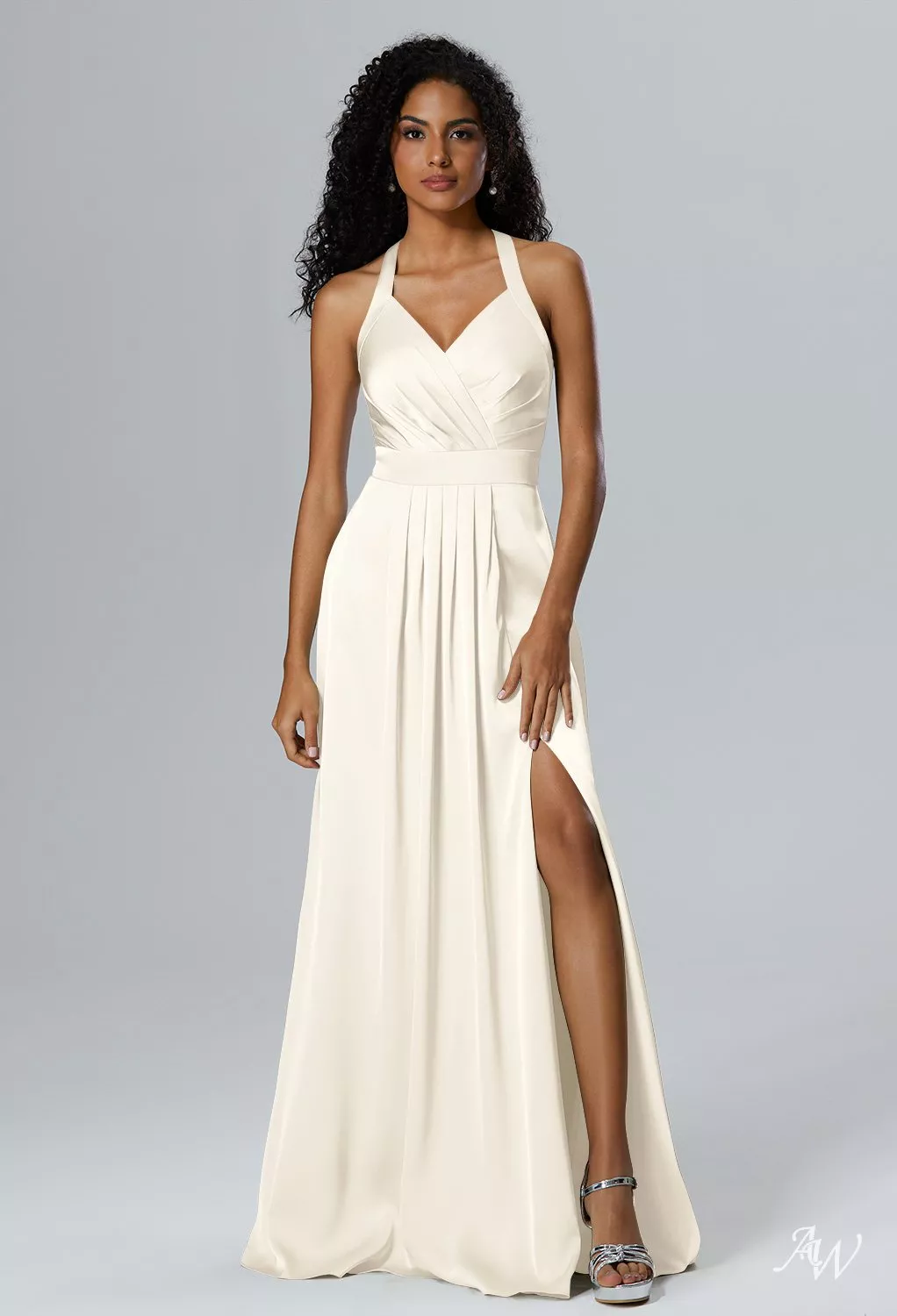 AW.Bridal A-line Halter Neckline Floor Length Sleeveless Satin Ruching Split Long Bridesmaid Dresses Dress Ivory Size 18