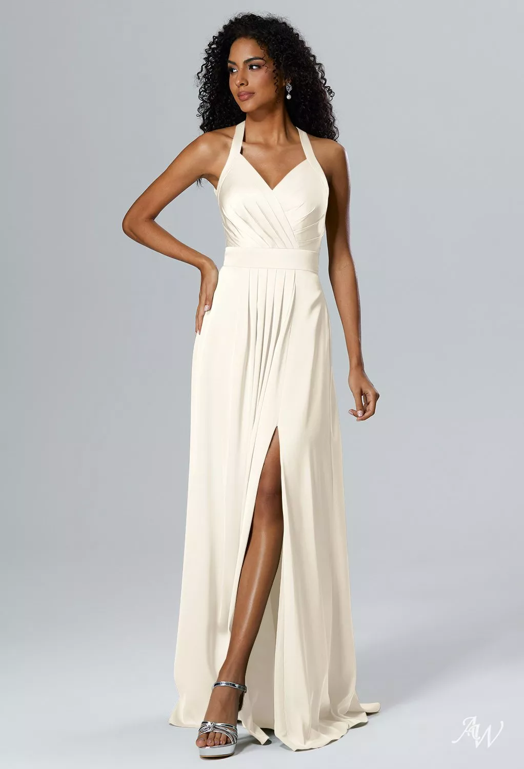 high low halter bridesmaid dress AW.Bridal A-line Neckline Floor Length Sleeveless Satin Ruching Split Long Dresses Ivory Size 18 Blue Dress 