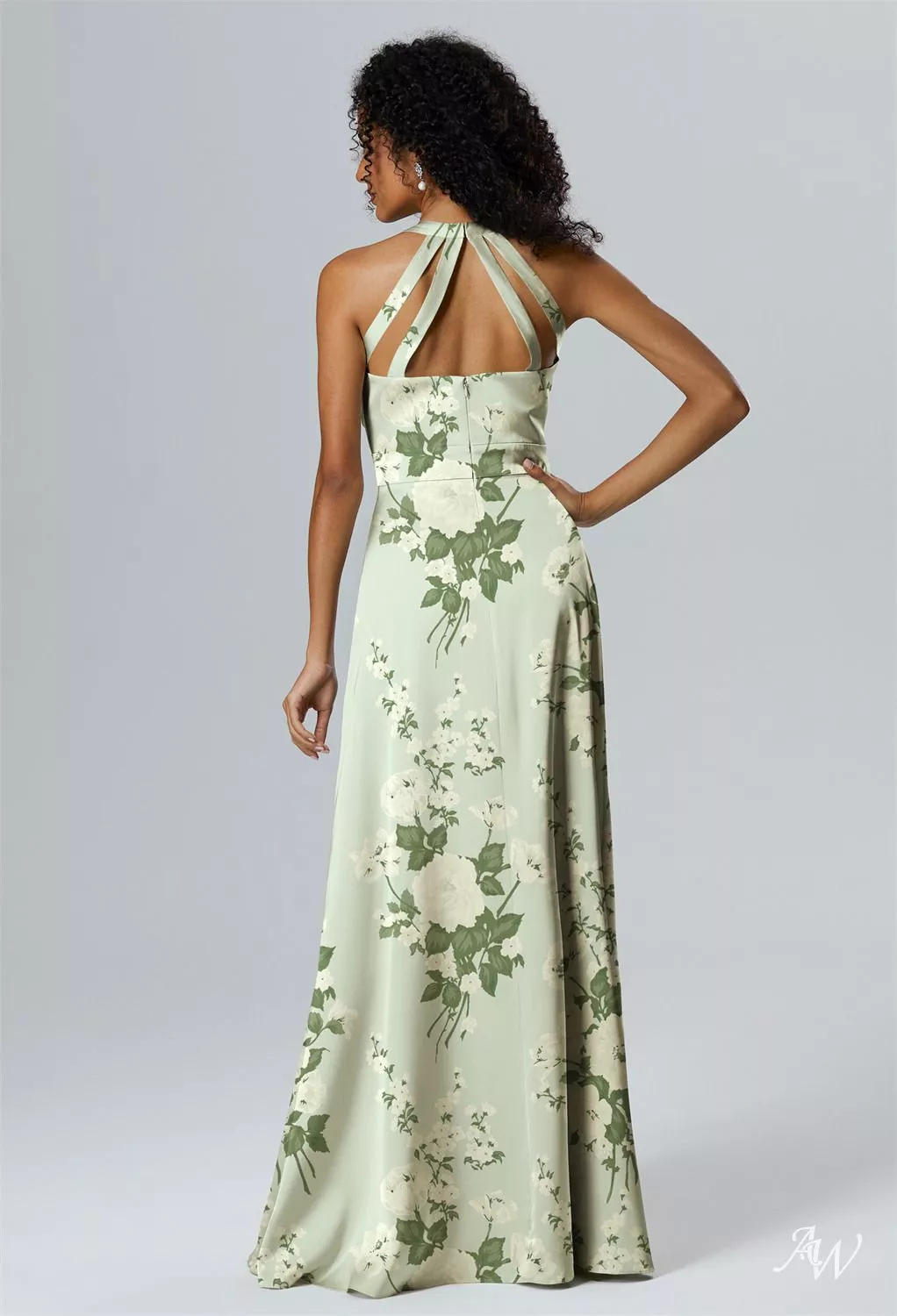 AW.Bridal A-line Halter Neckline Floor Length Sleeveless Satin Ruching Split Floral Bridesmaid Dresses Floral Dress Mottled Moss Green Size 4