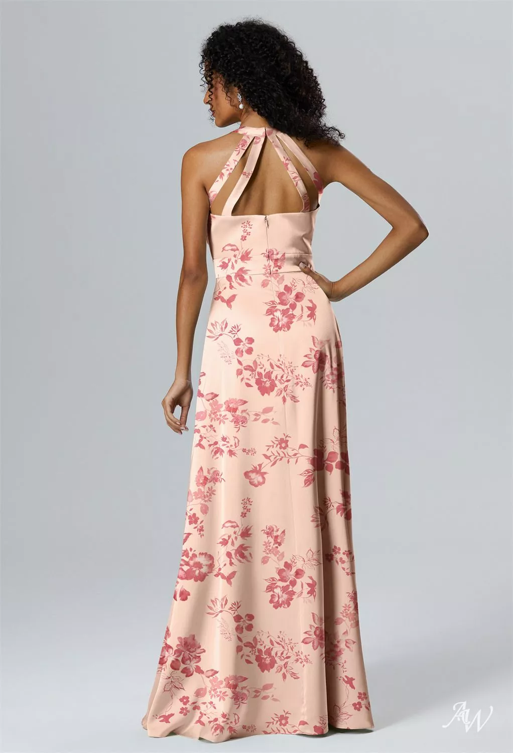 AW.Bridal A-line Halter Neckline Floor Length Sleeveless Satin Ruching Split Floral Bridesmaid Dresses Floral Dress Pink Cherry Blossom Size 6