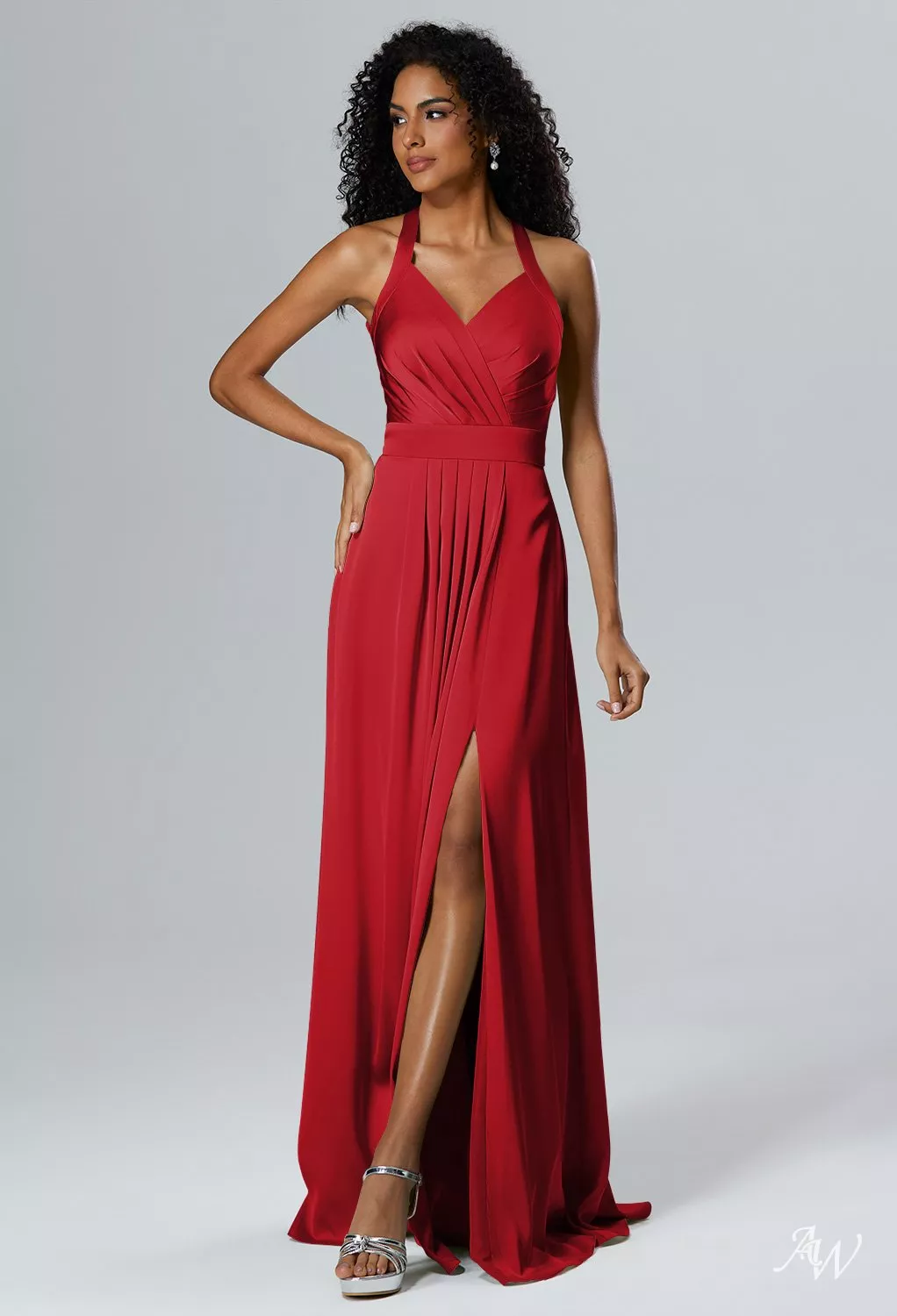 AW Theresa Dress, Dusty Blue Crystal Satin Satin Charmeuse Stretch Satin  Floor Length Halter Neckline Bridesmaid Dresses | AW.Bridal