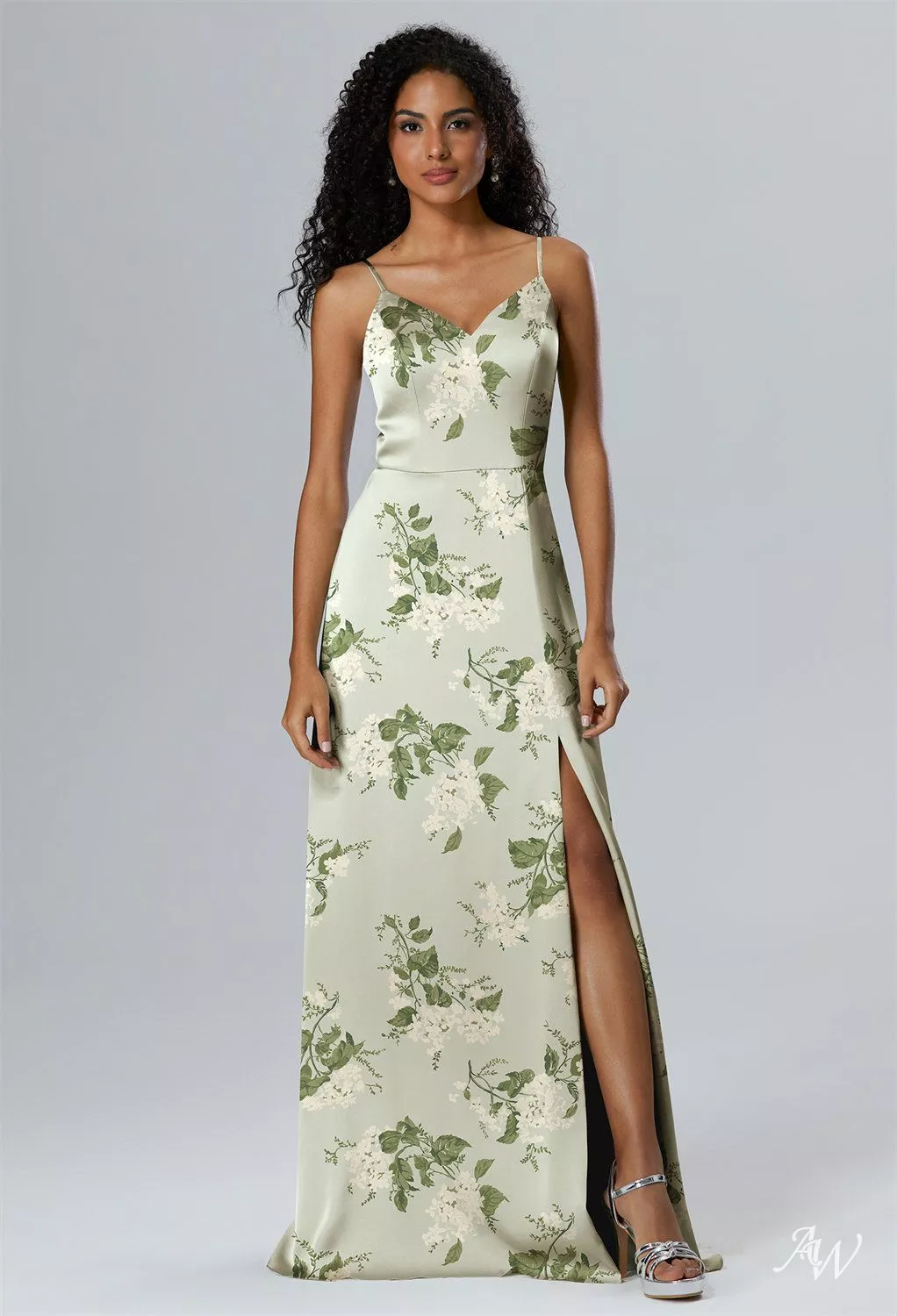 AW.Bridal A-Line V-Neck Floor Length Sleeveless Spaghetti Straps Satin Cutout Split Floral Bridesmaid Dresses Floral Dress Sage Garden Party Size 16