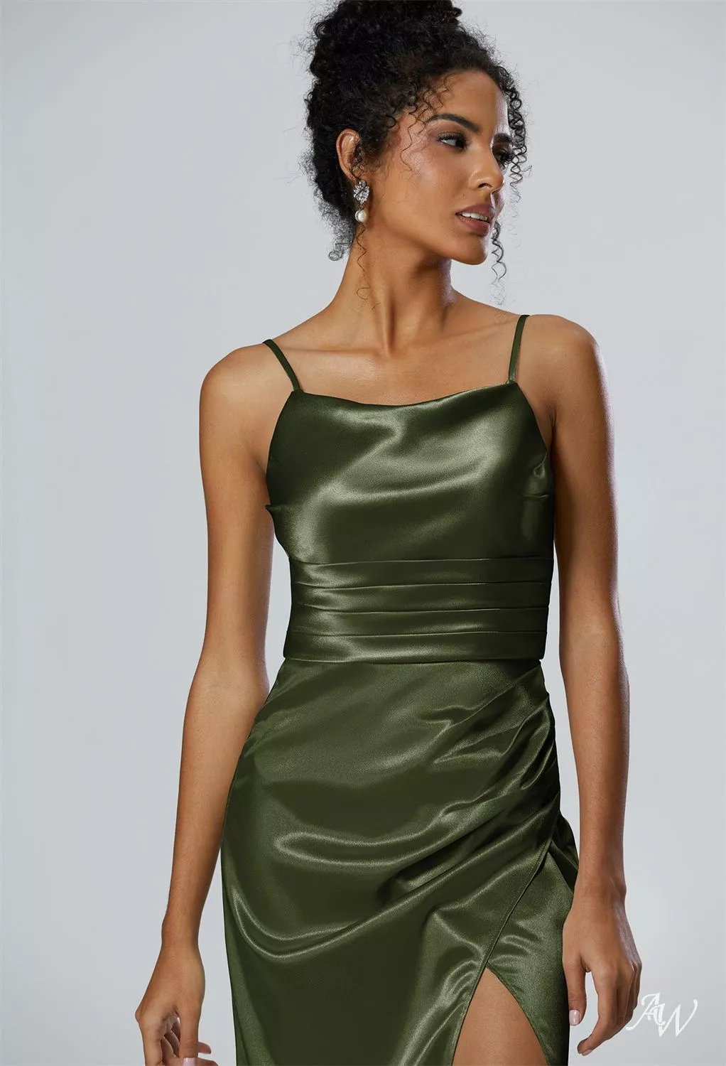 open lace back dress Olive Green Mermaid Satin Prom Dresses with Slit Spaghetti Strap Eveni   Viniodress