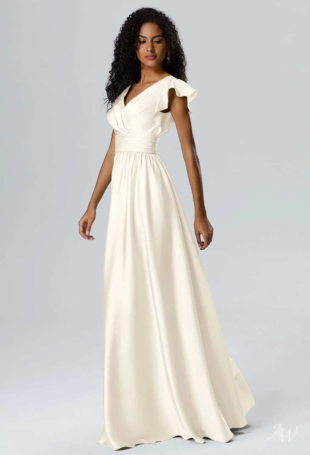 AW.Bridal A-line V-Neck Floor Length Short Sleeves Satin Cutout Wedding Guest Dresses Dress Ivory Size 16