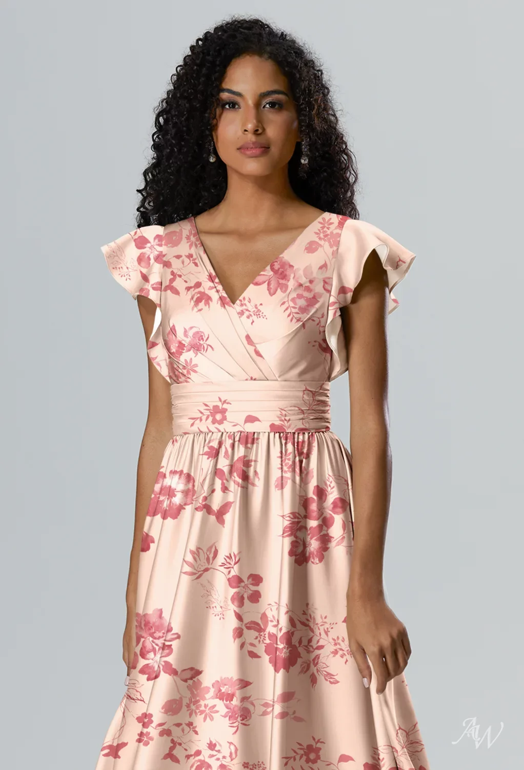 cherry blossom bridesmaid dresses AW.Bridal A-line V-Neck Floor Length Short Sleeves Satin Cutout Floral Floral Dress Pink Size 16 Color:Misty  Blue