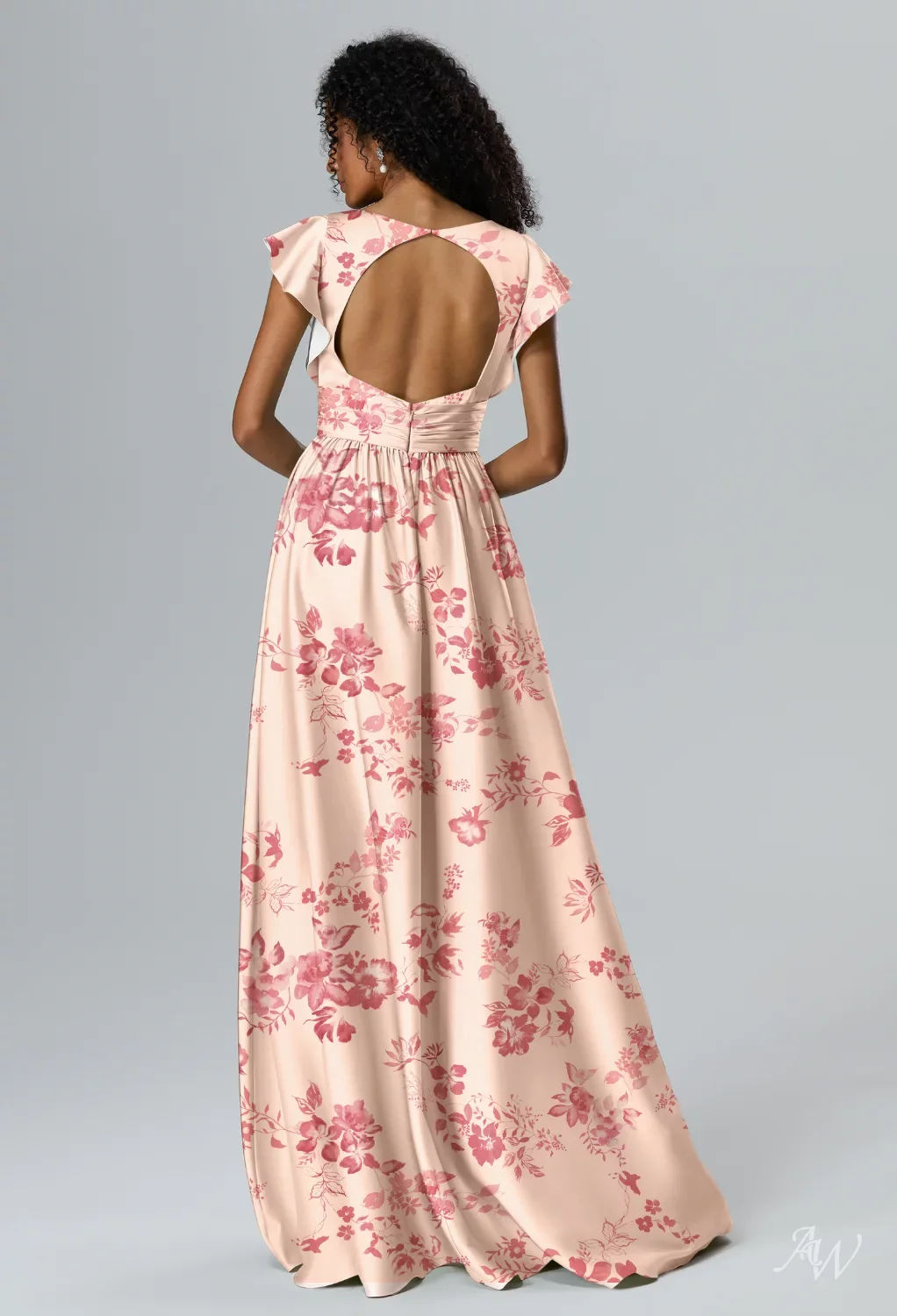 AW.Bridal A-line V-Neck Floor Length Short Sleeves Satin Cutout Floral Wedding Guest Dresses Floral Dress Pink Cherry Blossom Size 18