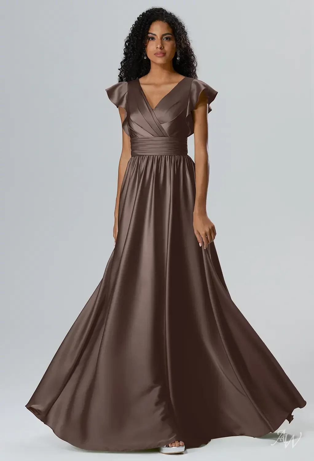 AW.Bridal A-line V-Neck Floor Length Short Sleeves Satin Cutout Wedding Guest Dresses Dress Seal Brown Size 6