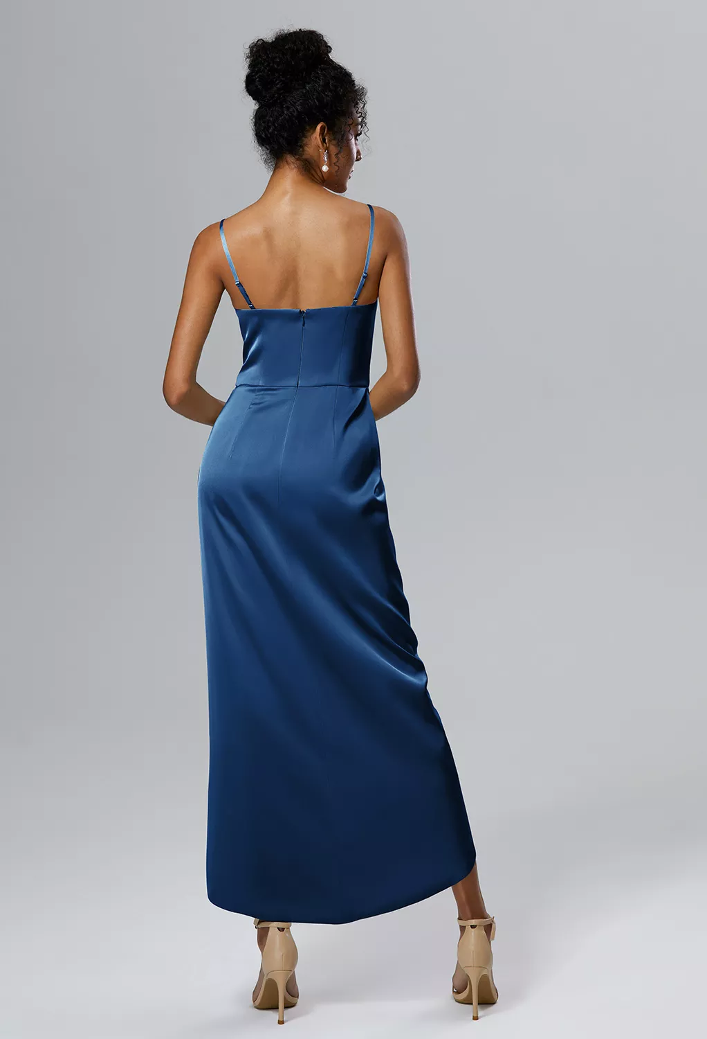 navy blue beach wedding guest dress Ever-Pretty Flutter Sleeve Ruched Waist High-Low Chiffon With Sleev