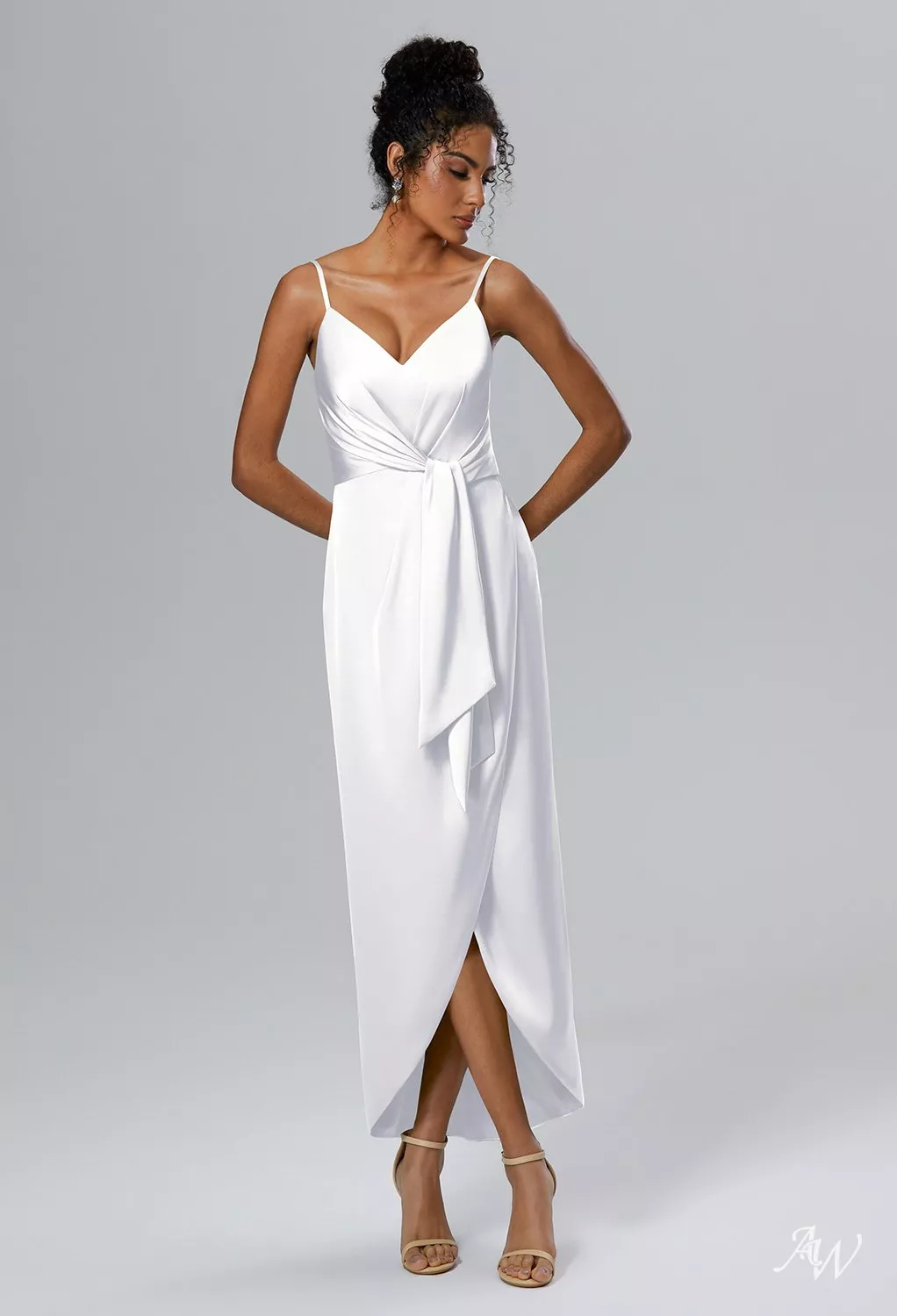 charmeuse and chiffon bridesmaid dress white by vera wang AW.Bridal Column V-Neck Hi Lo Sleeveless Spaghetti Straps Satin Long Dresses Size 18 Size:Adult | 46.5|W