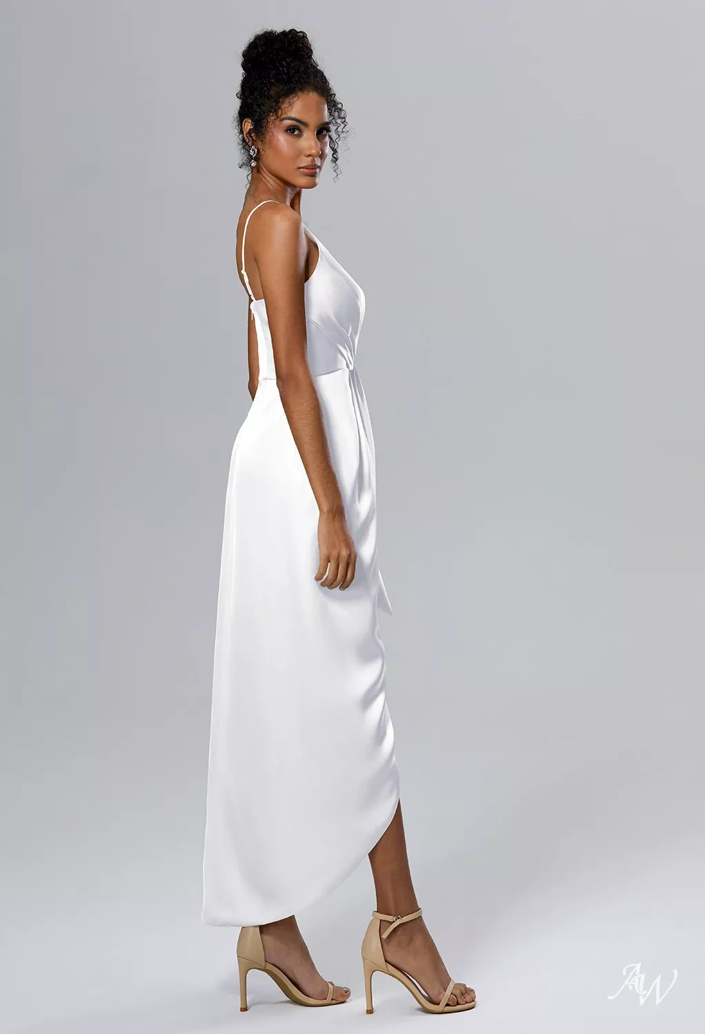 AW.Bridal Column V-Neck Hi Lo Sleeveless Spaghetti Straps Satin Long Bridesmaid Dresses Dress White Size 18