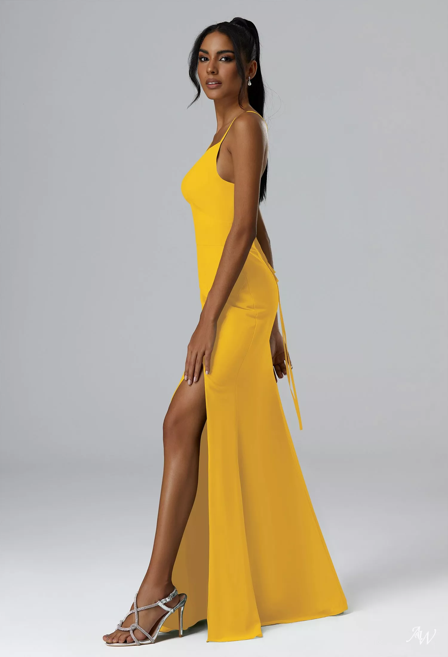 AW.Bridal Mermaid V-Neck Floor Length Sleeveless Chiffon Split Long Bridesmaid Dresses Mustard Yellow Size 18