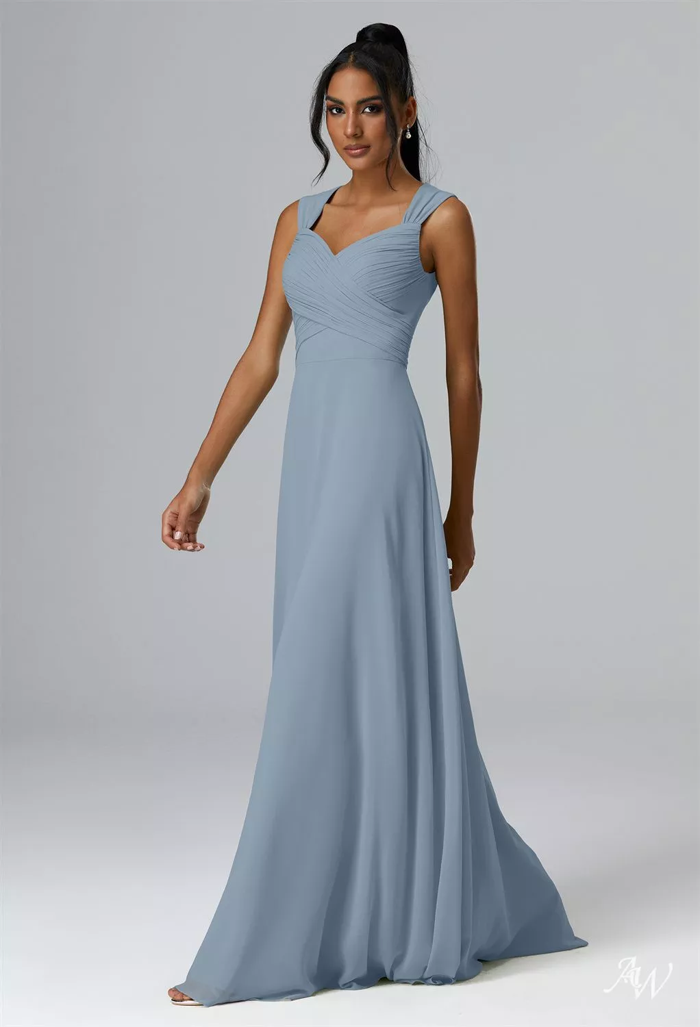 AW.Bridal A-line Sweetheart Neckline Floor Length Sleeveless Chiffon Cutout Long Bridesmaid Dresses Light Dusty Blue Size 6